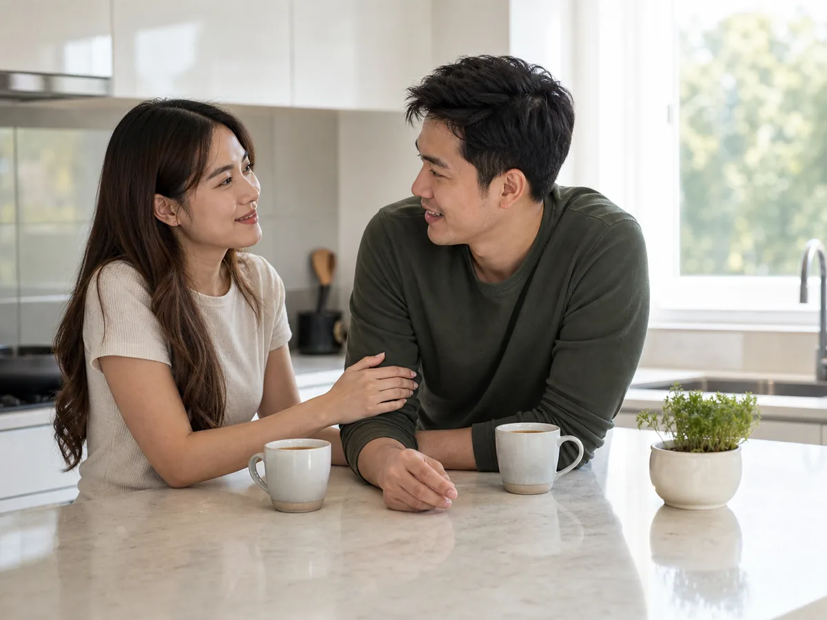 คู่รักนั่งคุยกันที่โต๊ะในบ้านเพื่อเลือกสามสิ่งที่สำคัญที่สุดของงานแต่ง