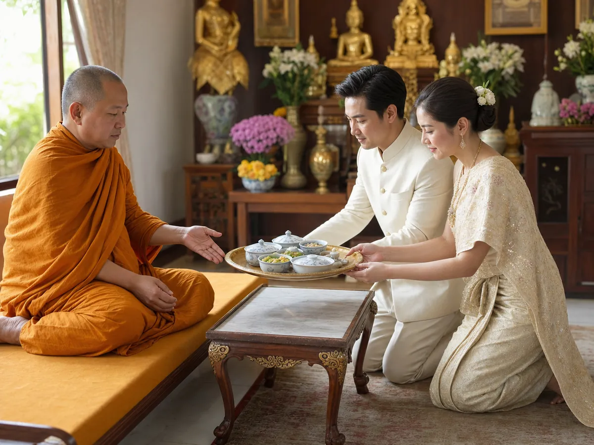 คู่บ่าวสาวไทยประคองพานภัตตาหารเพื่อถวายพระสงฆ์โดยมีโต๊ะเตี้ยวางคั่นอย่างเหมาะสม