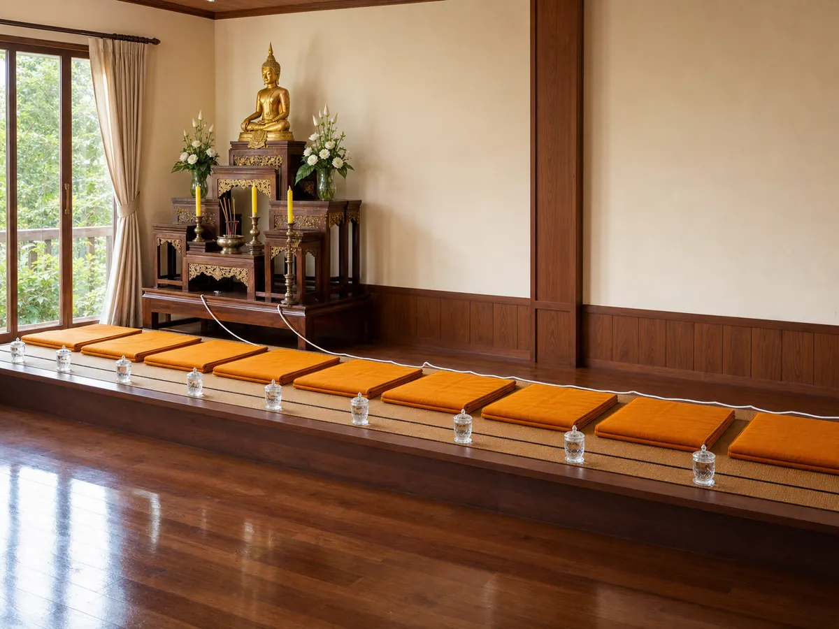 โต๊ะหมู่บูชาพระพุทธรูปและอาสนะพระสงฆ์เก้าที่จัดเรียงไว้ริมผนังห้องพิธี