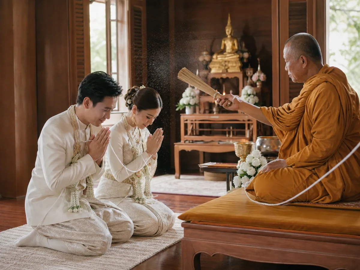 คู่บ่าวสาวชุดไทยสีงาช้างคุกเข่าพนมมือรับพรจากพระสงฆ์ที่ถือตาลปัตร