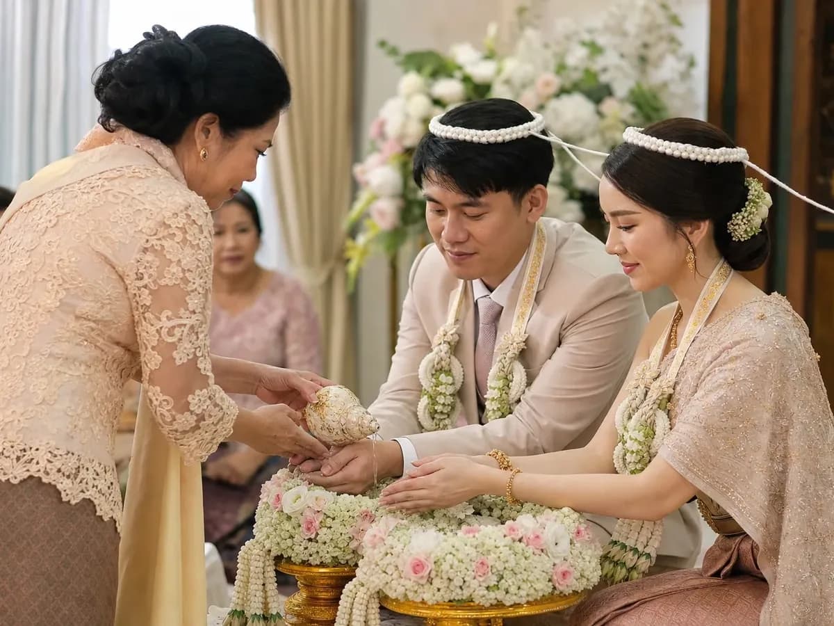 ผู้ใหญ่หลั่งน้ำสังข์ลงบนมือคู่บ่าวสาวที่สวมมงคลแฝดและนั่งประนมมือที่ตั่ง