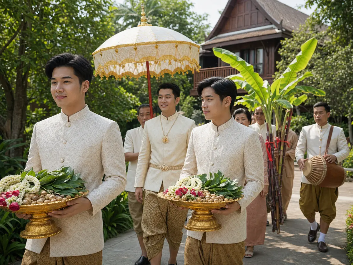 ขบวนขันหมากเคลื่อนเข้าบ้านเจ้าสาวโดยมีคนถือพานขันหมากประดับมาลัยนำหน้าเจ้าบ่าว