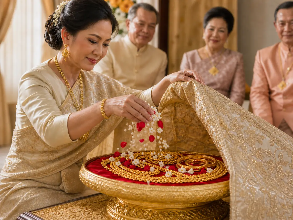 คุณแม่เจ้าสาวเปิดผ้าคลุมพานสินสอดที่มีทองรูปพรรณ พร้อมโปรยข้าวตอกและกลีบดอกไม้