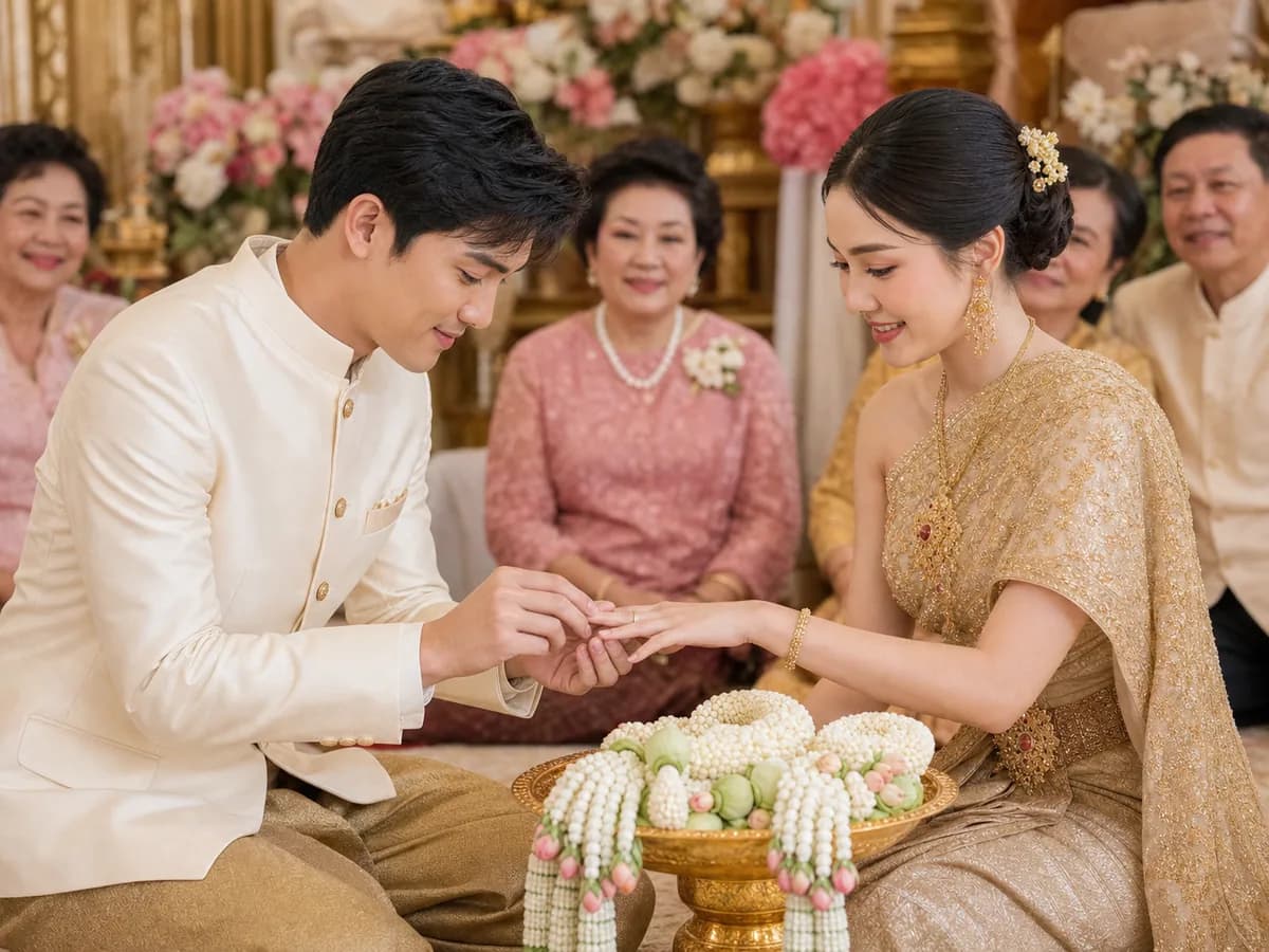 เจ้าบ่าวสวมแหวนหมั้นที่นิ้วนางเจ้าสาวซึ่งนั่งพับเพียบในชุดไทยจักรี