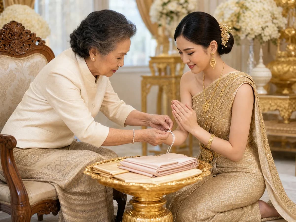 ญาติผู้ใหญ่ผูกสายสิญจน์ที่ข้อมือเจ้าสาวซึ่งพนมมือไหว้อยู่ข้างพานของรับไหว้