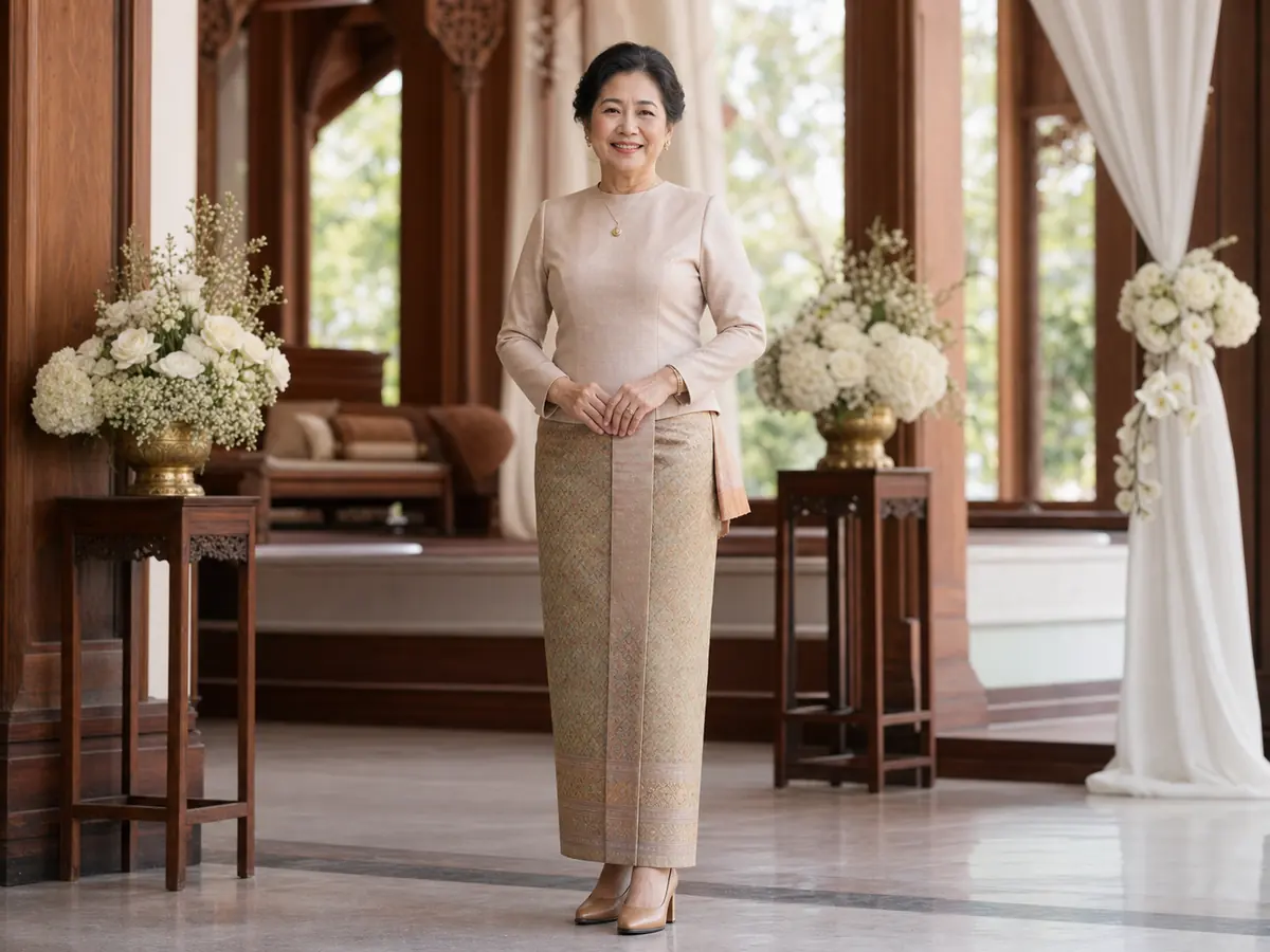 A mother in a modest long-sleeved Thai silk ensemble suitable for the morning ceremony