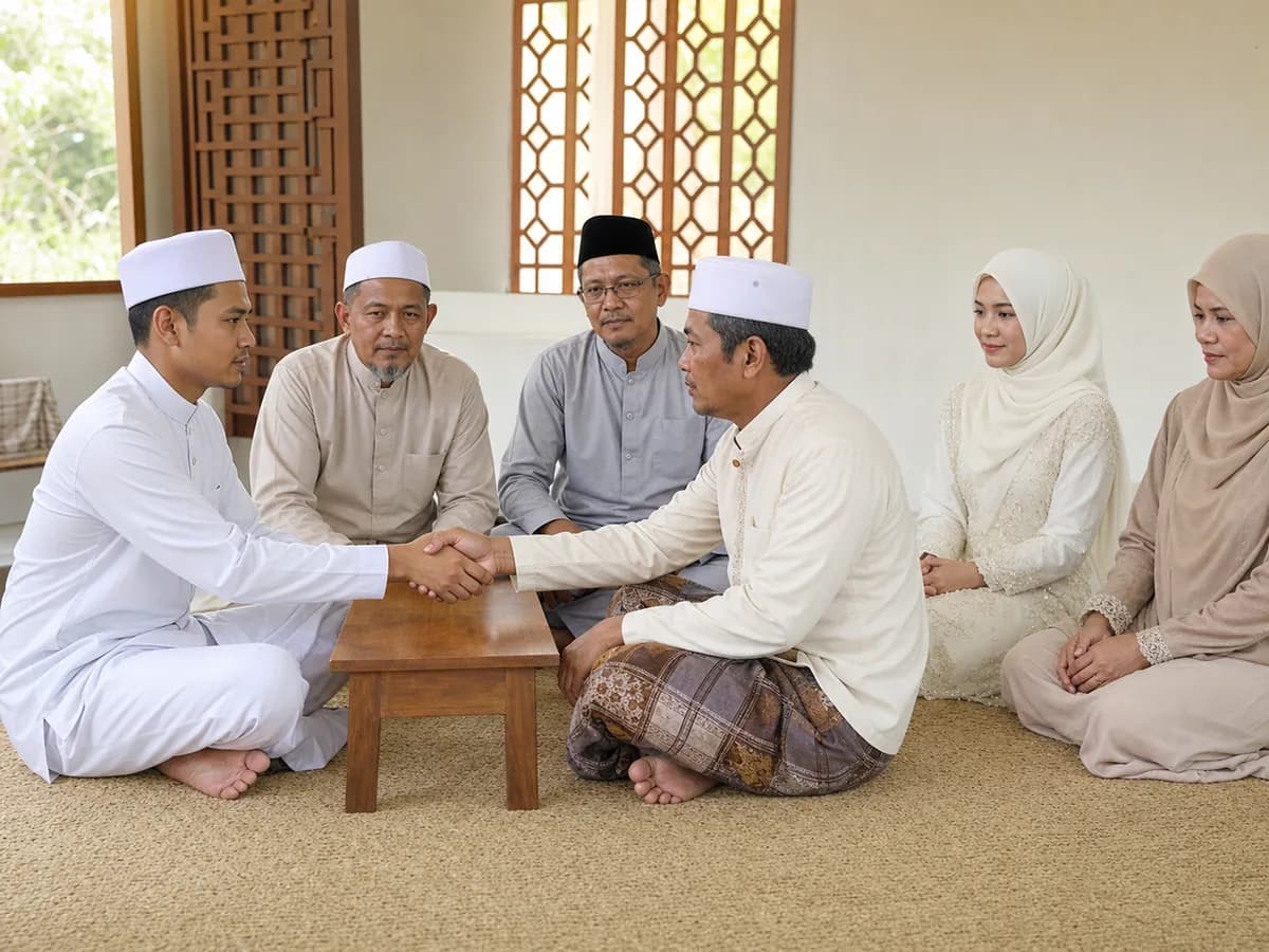 เจ้าบ่าวมุสลิมไทยจับมือวะลีเพื่อกล่าวรับในพิธีนิกะห์ต่อหน้าอิหม่ามและพยาน