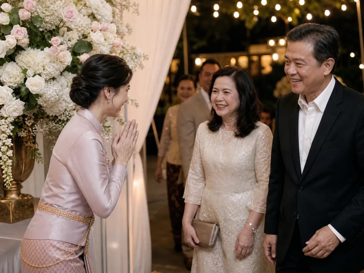 เจ้าสาวในชุดไทยยกมือไหว้ต้อนรับญาติผู้ใหญ่ที่เดินมาถึงงาน