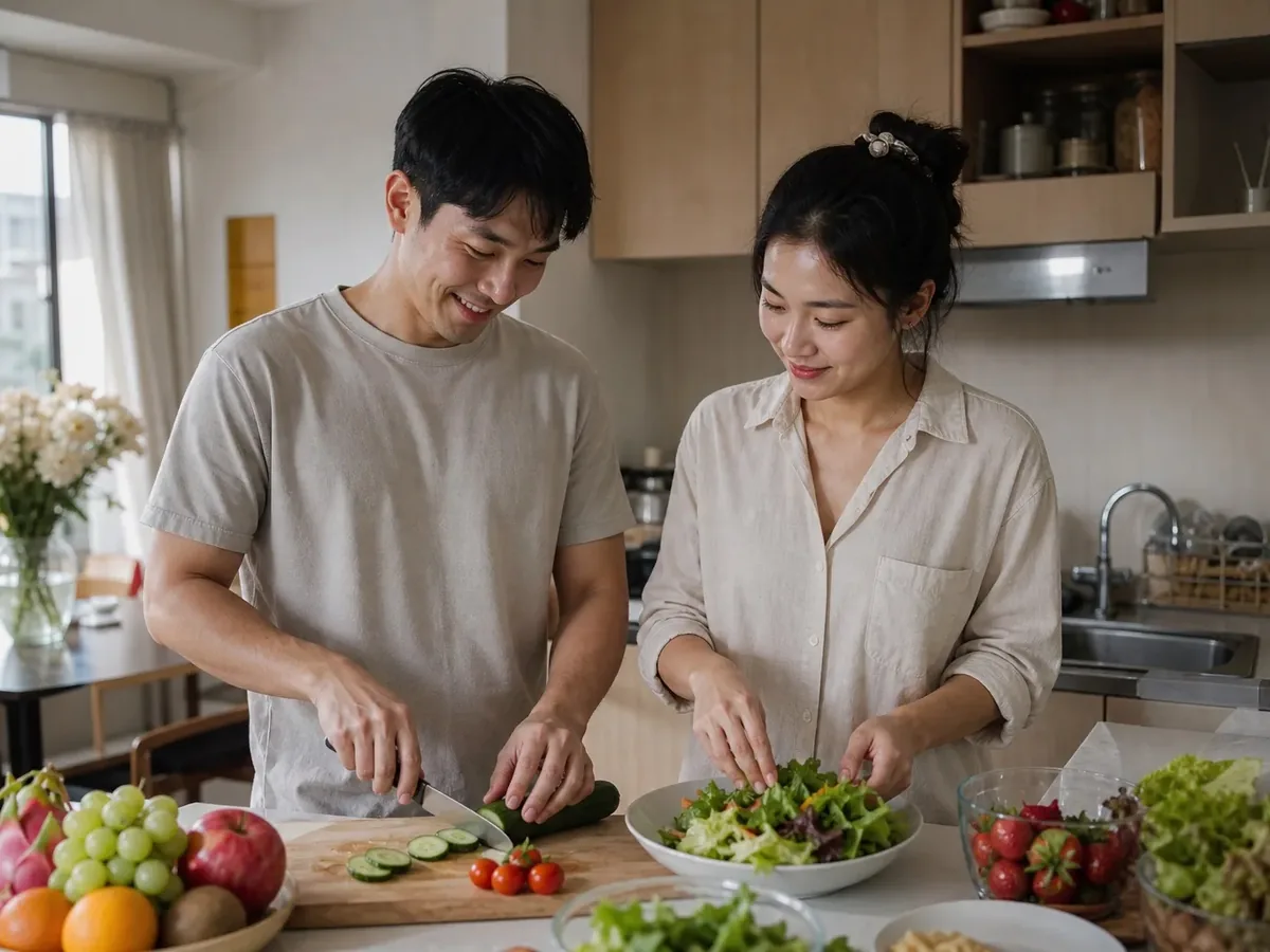 คู่สมรสยืนทำอาหารด้วยกันในครัว หั่นผักและจัดสลัดบนเคาน์เตอร์