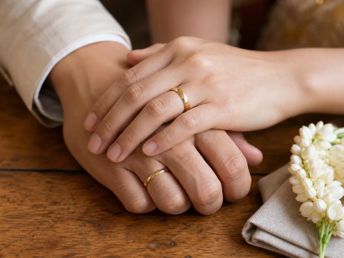 มือคู่สมรสสวมแหวนทองวางซ้อนกันบนโต๊ะไม้ ข้างพวงมาลัยมะลิ