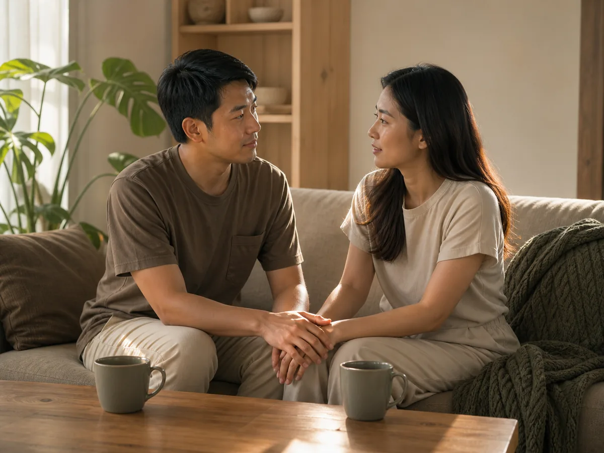คู่รักนั่งคุยกันอย่างสงบบนโซฟาที่บ้าน พร้อมกาแฟสองแก้วบนโต๊ะ