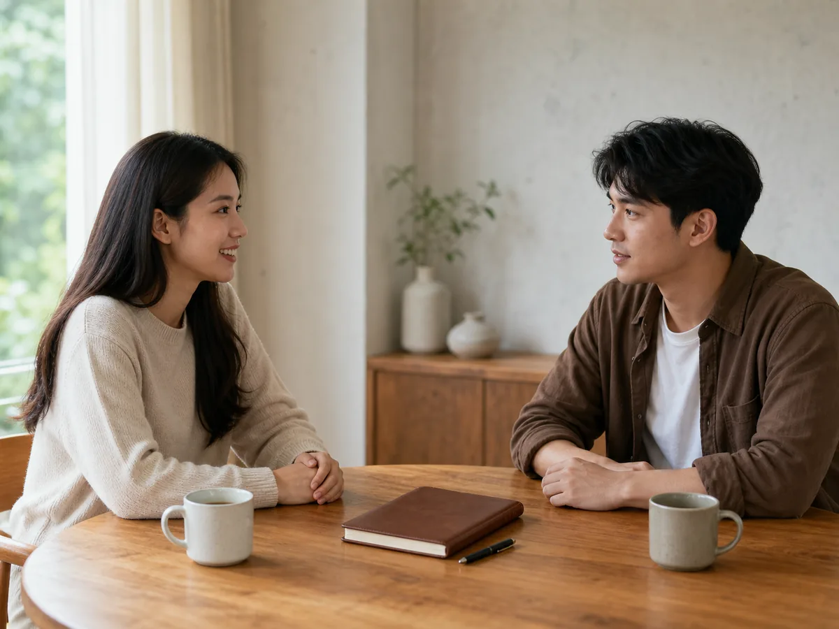 คู่รักนั่งคุยกันที่โต๊ะไม้ พร้อมสมุดจดและปากกา ระหว่างแยกรายการทรัพย์สินของแต่ละฝ่าย
