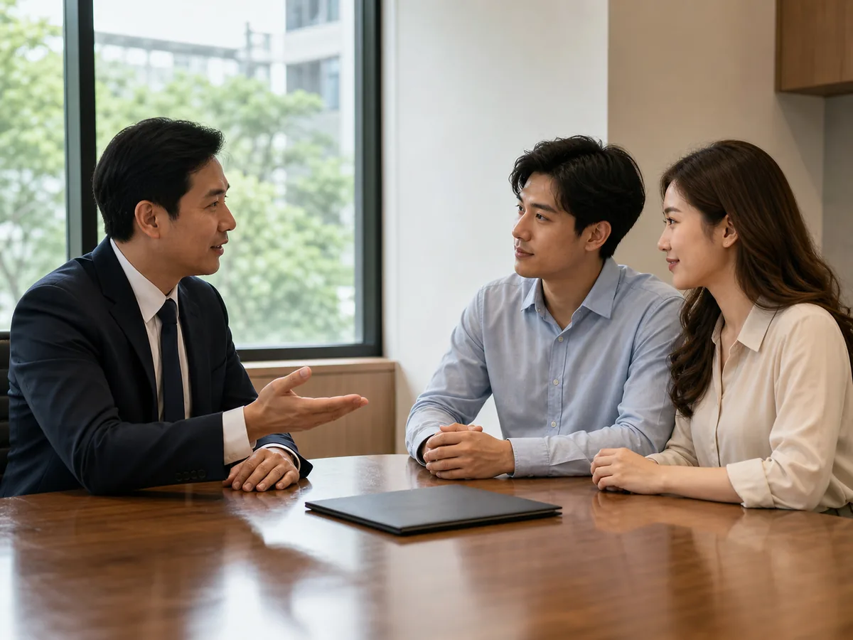 ทนายความอธิบายเงื่อนไขสัญญาให้คู่รักฟังที่โต๊ะประชุมในสำนักงาน