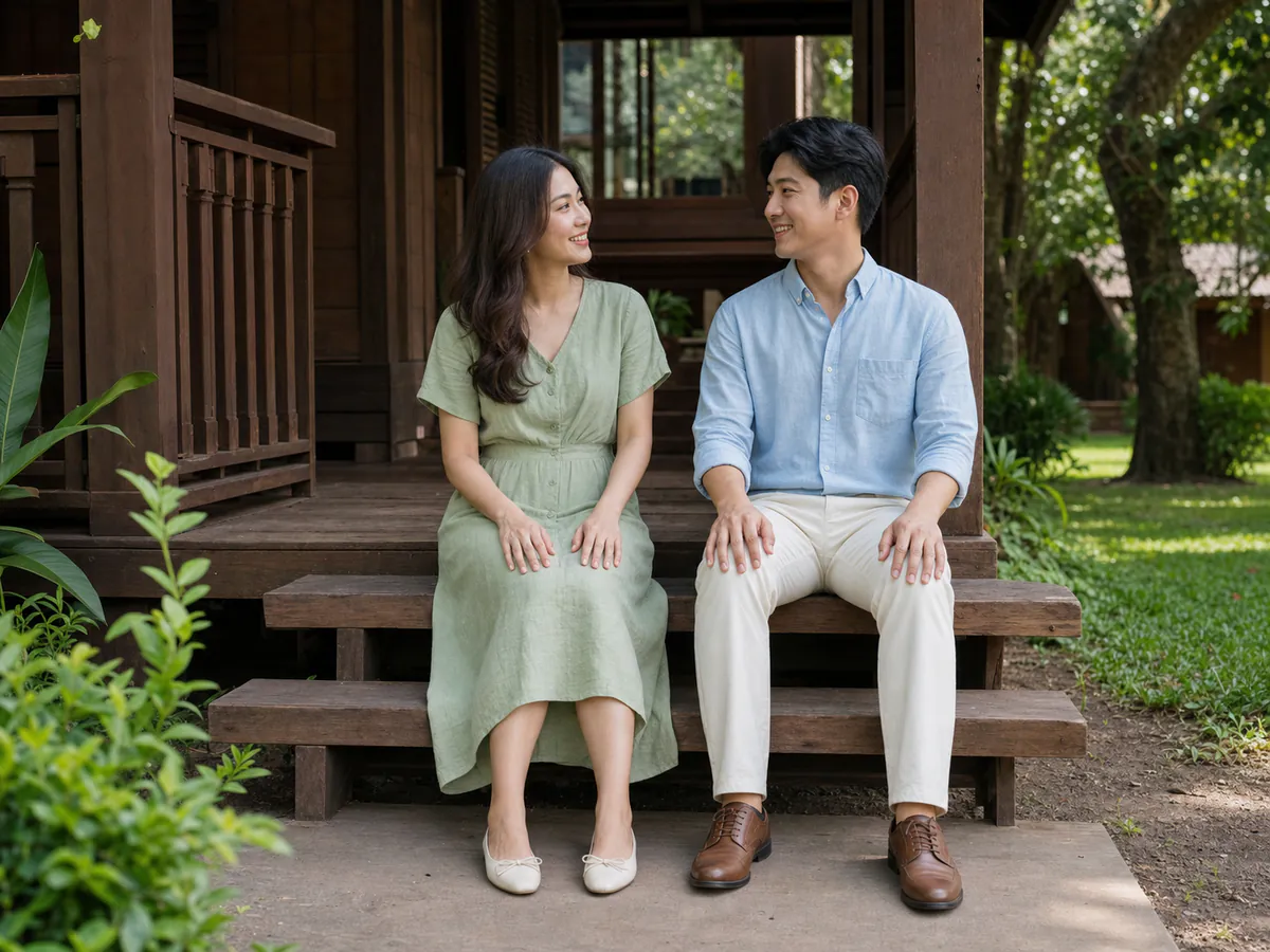 คู่รักไทยนั่งคู่กันบนขั้นเรือนไทยไม้ท่ามกลางสวนสีเขียว