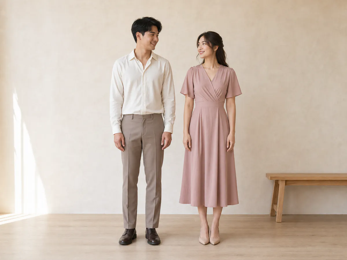 คู่รักไทยยืนหันมองกันในสตูดิโอฉากสีครีมและแสงธรรมชาติเรียบง่าย