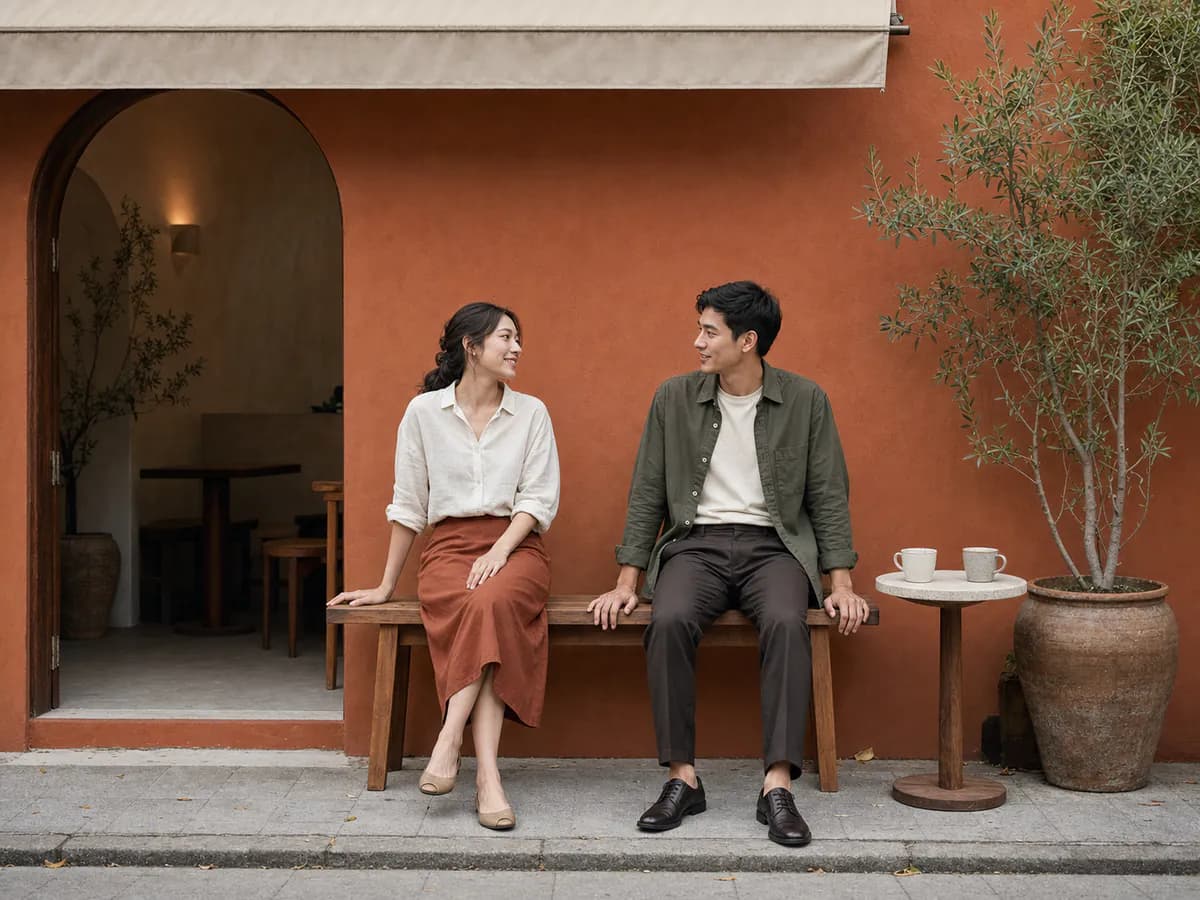 คู่รักไทยนั่งคุยกันบนม้านั่งหน้าคาเฟ่ผนังสีอิฐในบรรยากาศเมือง
