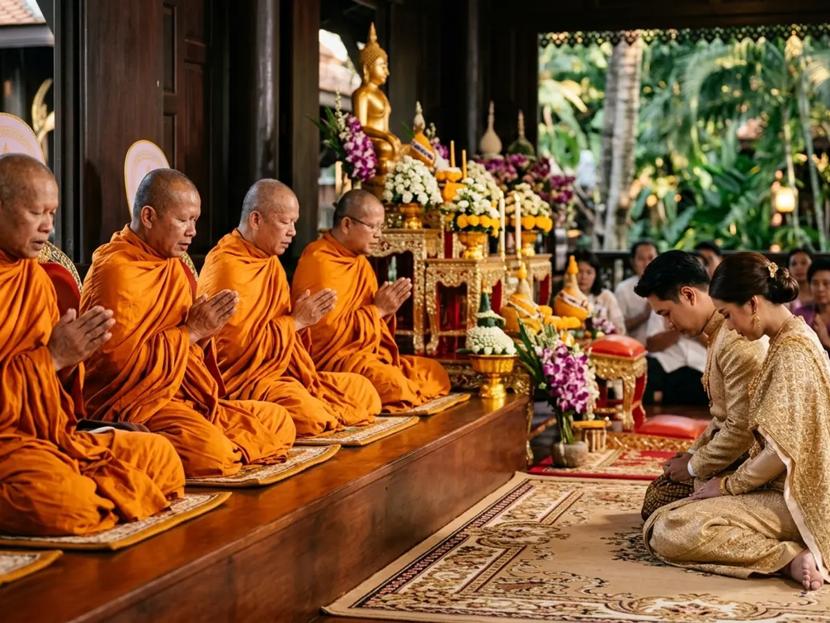 พิธีสงฆ์ในงานแต่งงานไทยที่จัดอย่างเรียบง่ายและงดงาม