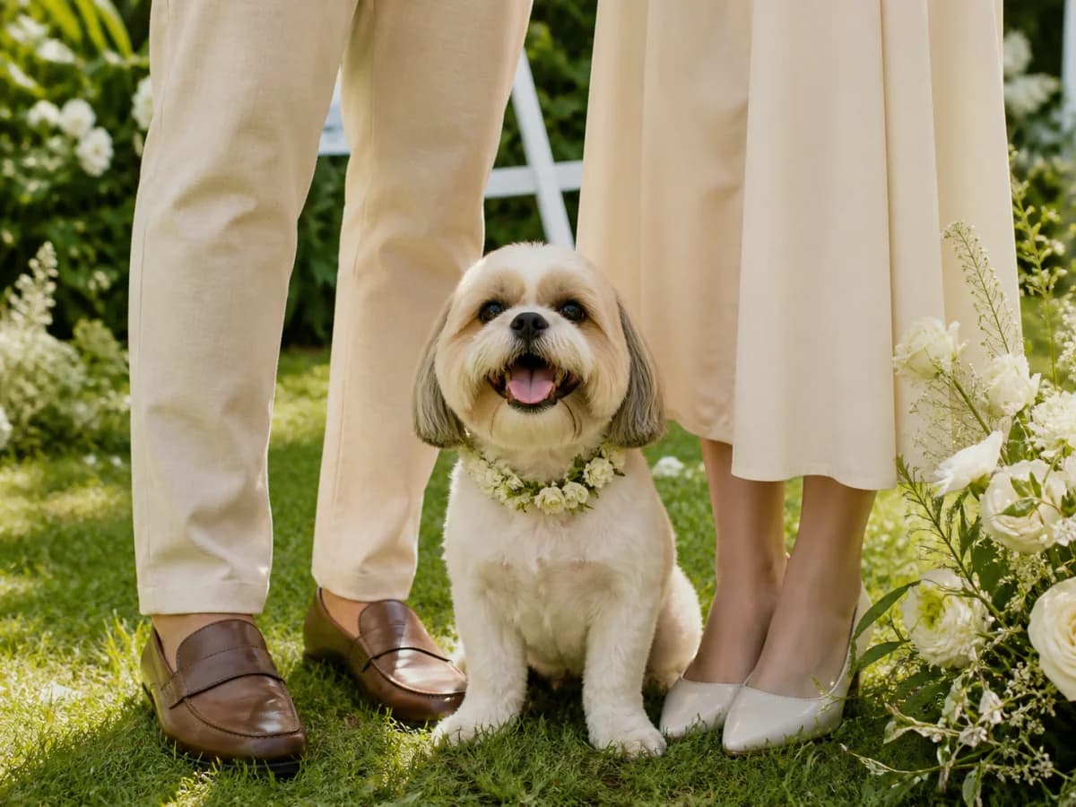 A dog wearing a flower collar sitting between a couple for a Save the Date idea