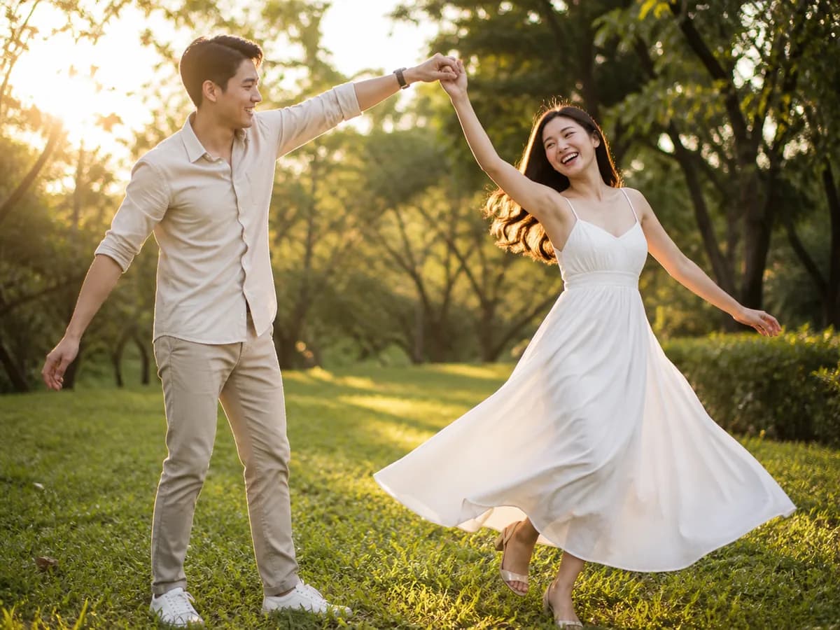 A couple twirling together in a park at golden hour during their save-the-date shoot