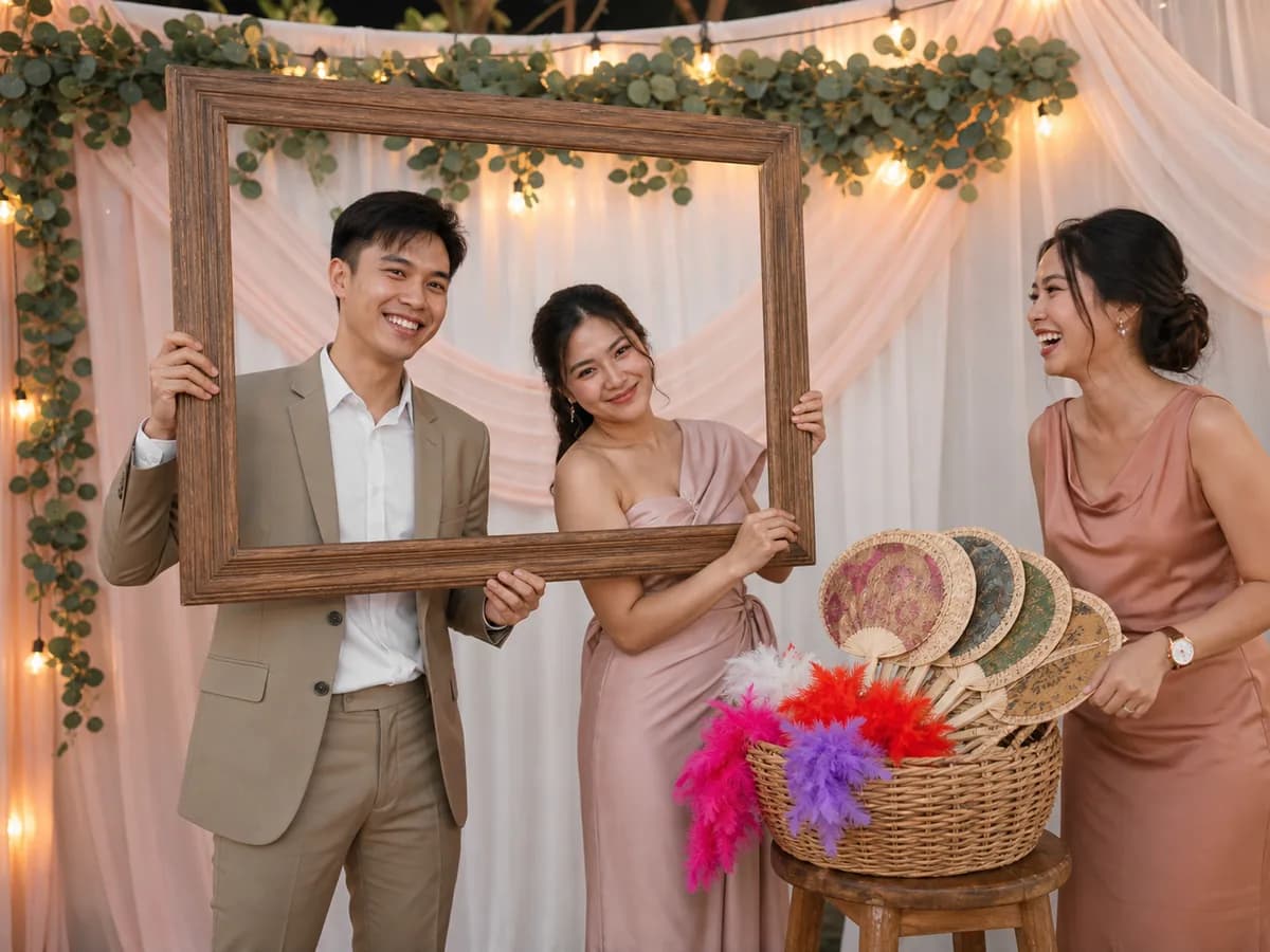The couple and their friends posing through a wooden frame at the photo-booth corner