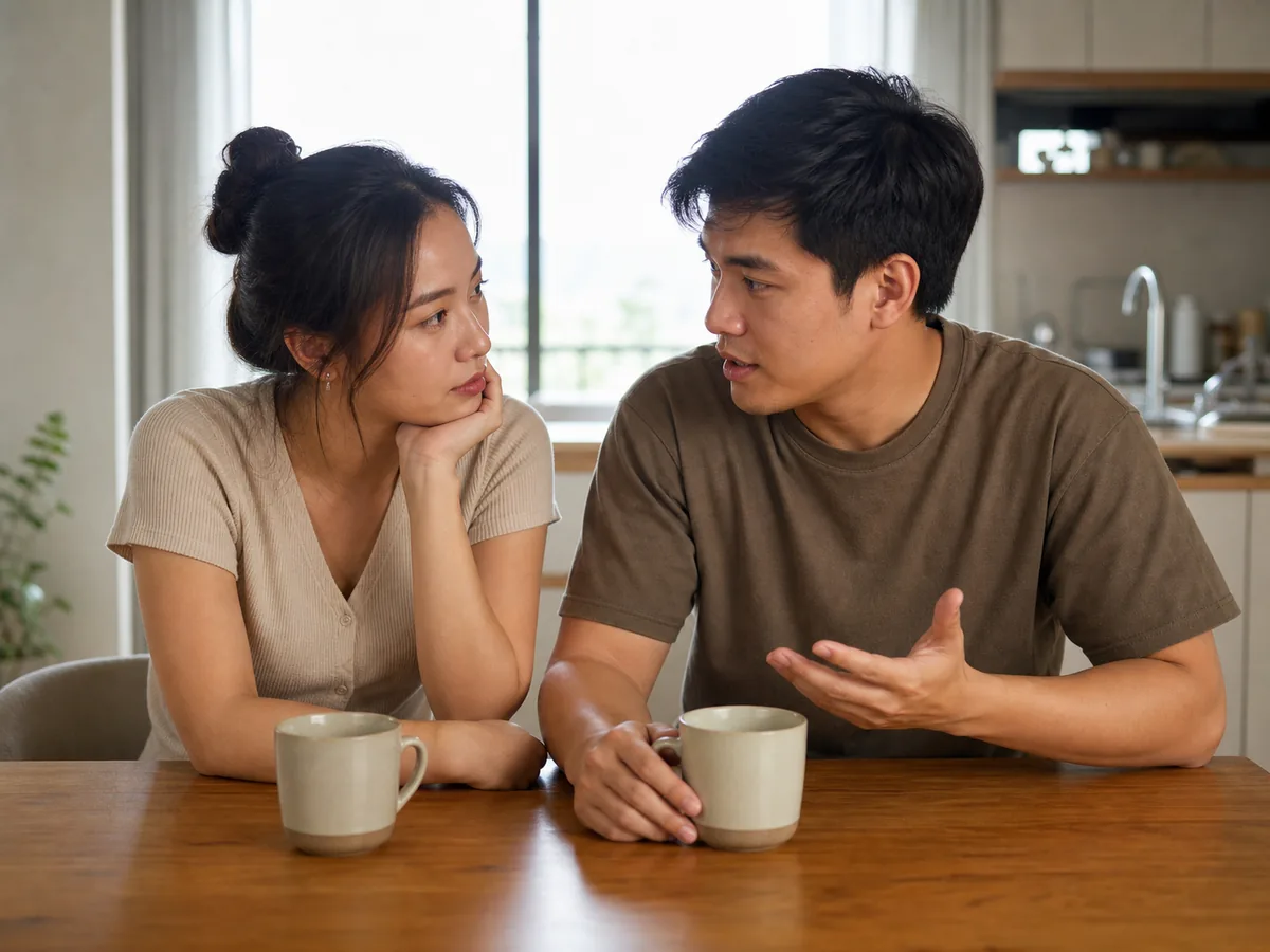An engaged couple working out their sinsod figure together at the kitchen table