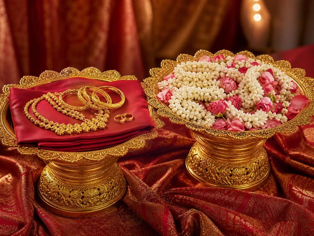 A gilded phan of engagement gold on red silk beside a phan of jasmine garlands and roses at the engagement ceremony