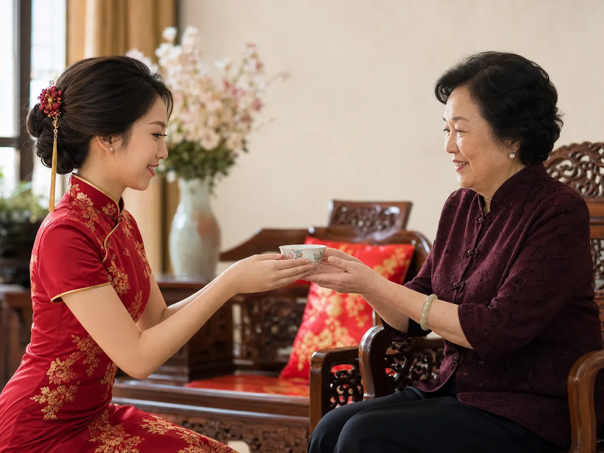 A Thai-Chinese bride offers a tea cup with both hands to an elderly woman who receives it with both hands
