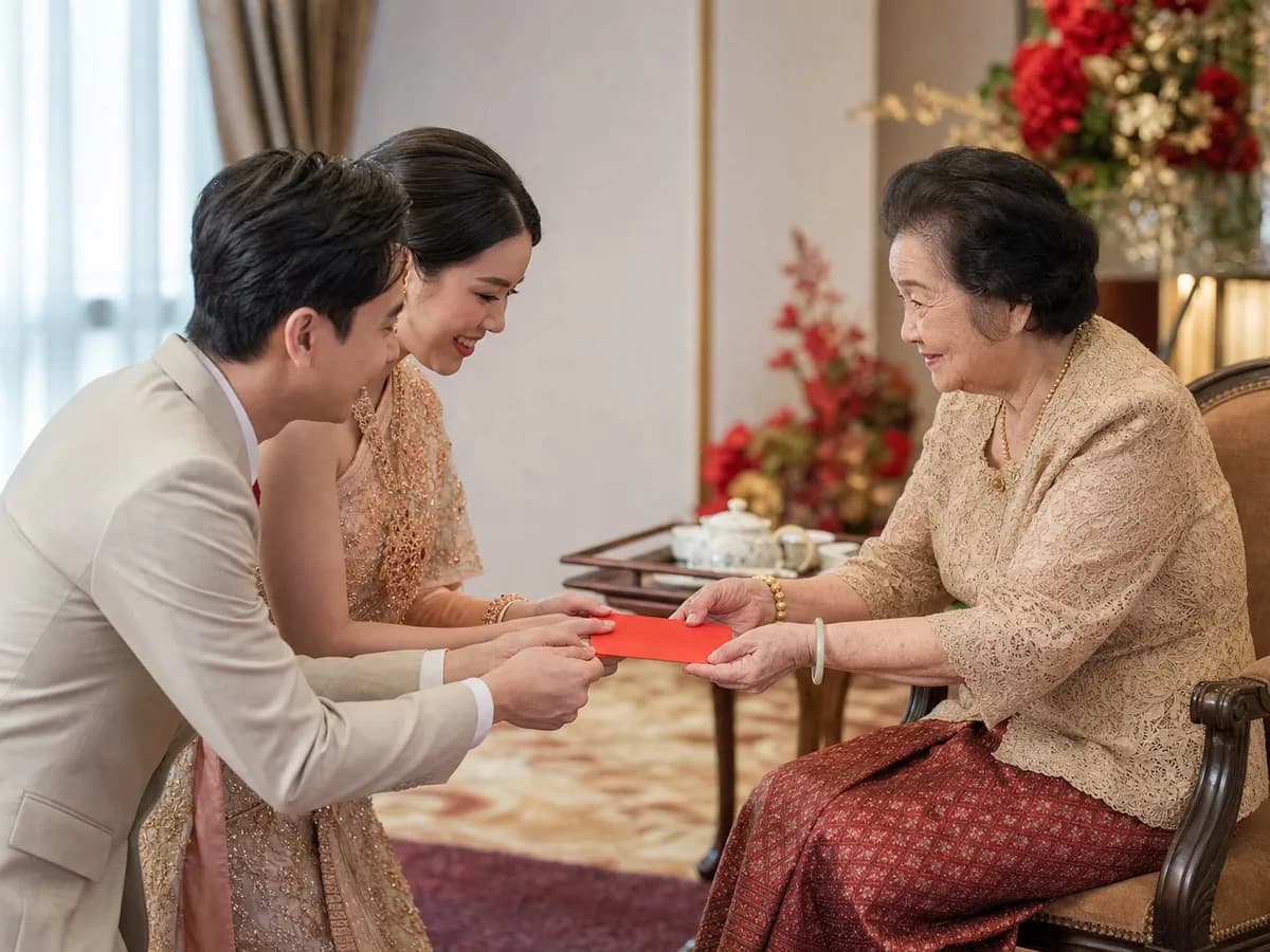 An elder handing a red ang pao envelope to the couple, who lean in to receive it with both hands