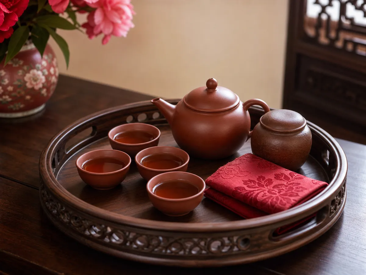 Clay tea set on a wooden tray with a teapot, four tea cups, tea jar and folded red silk cloth