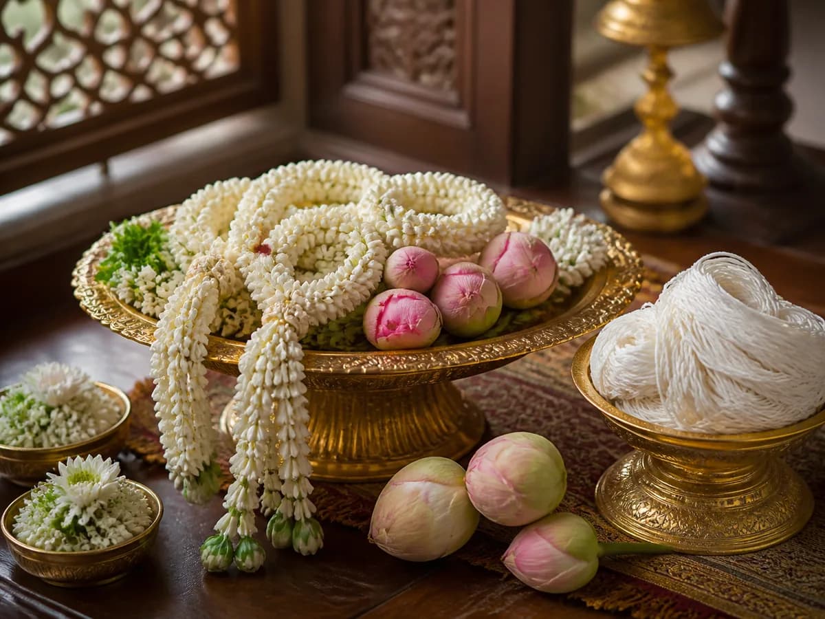 พานทองใส่พวงมาลัยมะลิ ดอกบัว และด้ายสายสิญจน์ จัดเตรียมไว้ในเรือนไทย