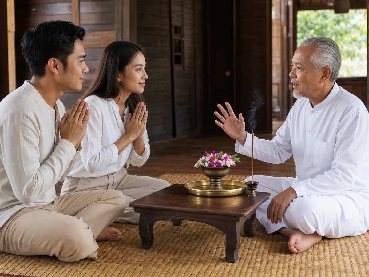 คู่บ่าวสาวพนมมือฟังผู้เฒ่าชุดขาวคำนวณฤกษ์ให้ที่โต๊ะเตี้ยในเรือนไทย