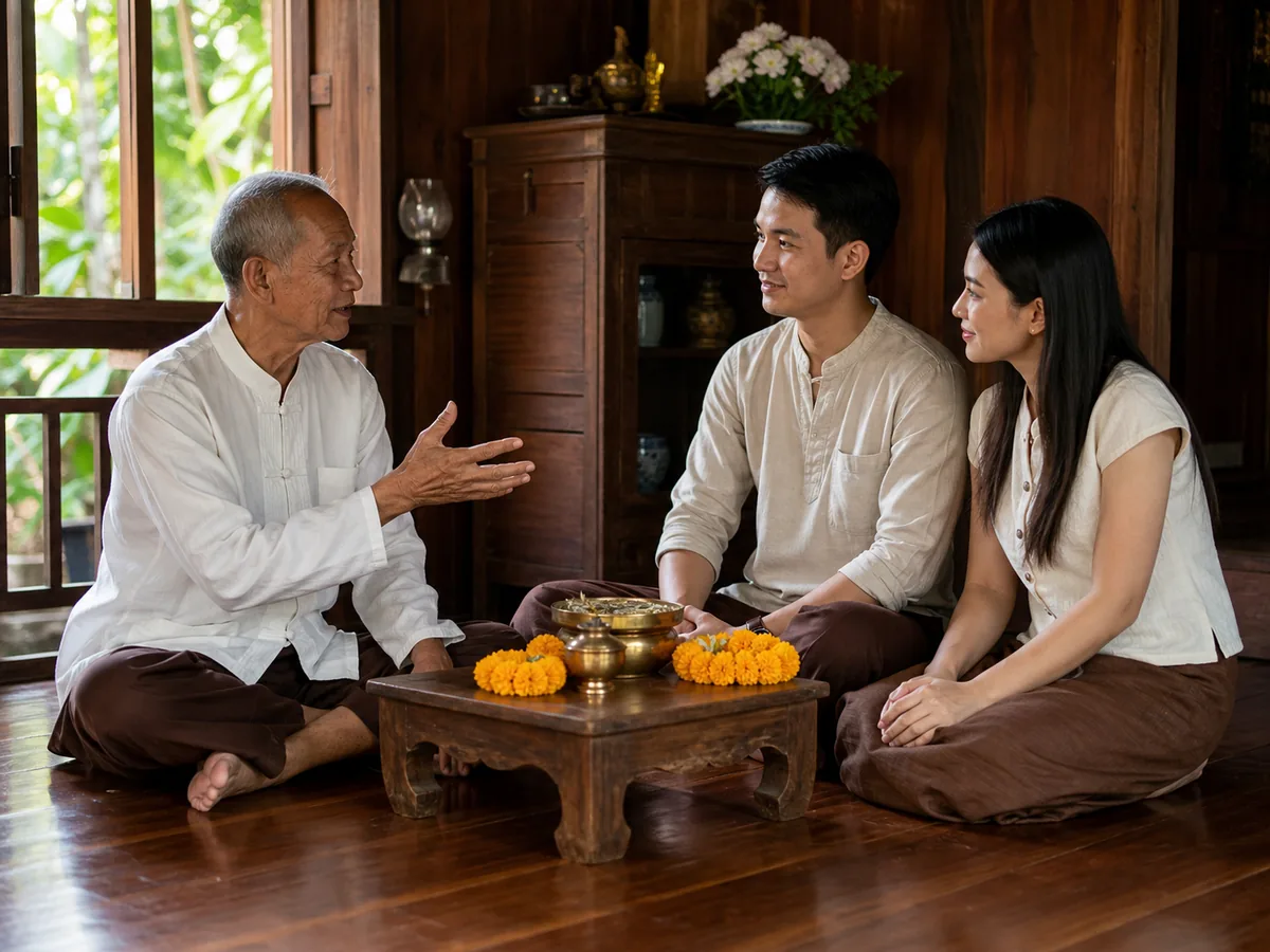 ผู้เฒ่าชุดขาวนั่งอธิบายฤกษ์ที่เลือกให้คู่บ่าวสาวฟังบนเรือนไม้ โดยมีพวงมาลัยดาวเรืองและขันน้ำมนต์ทองเหลืองวางบนโต๊ะเตี้ย