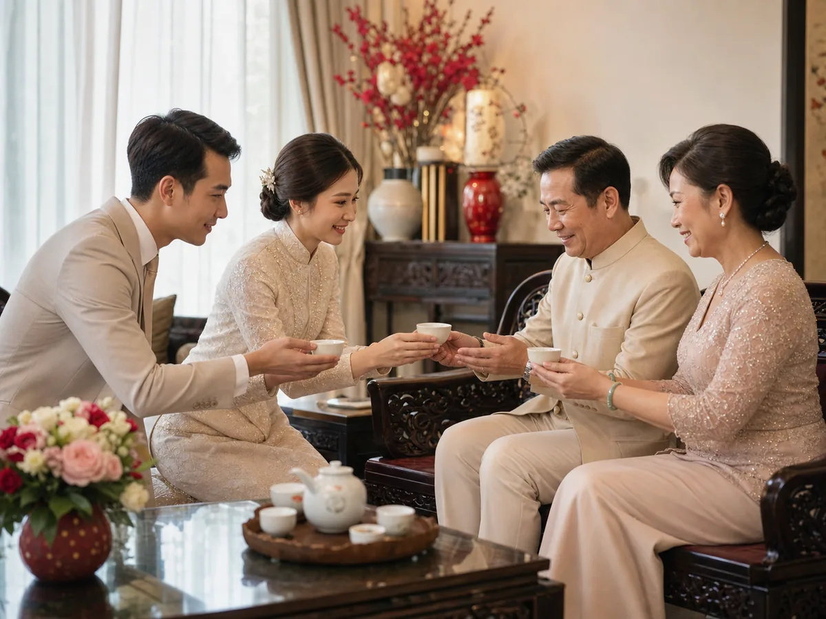 An assistant checking each porcelain teacup for chips and refilling the pot before the ceremony