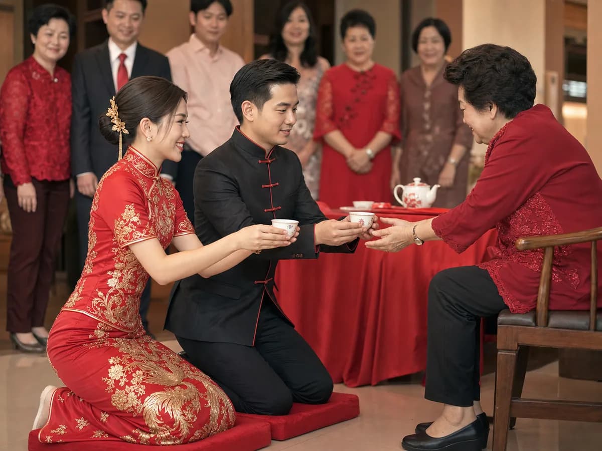 A bride and groom kneeling to offer teacups with both hands to a seated elder
