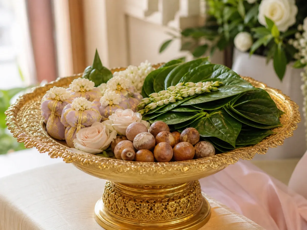 พานทองใส่ใบพลู หมาก และดอกไม้สด จัดเตรียมไว้เป็นพานขันหมากเอก