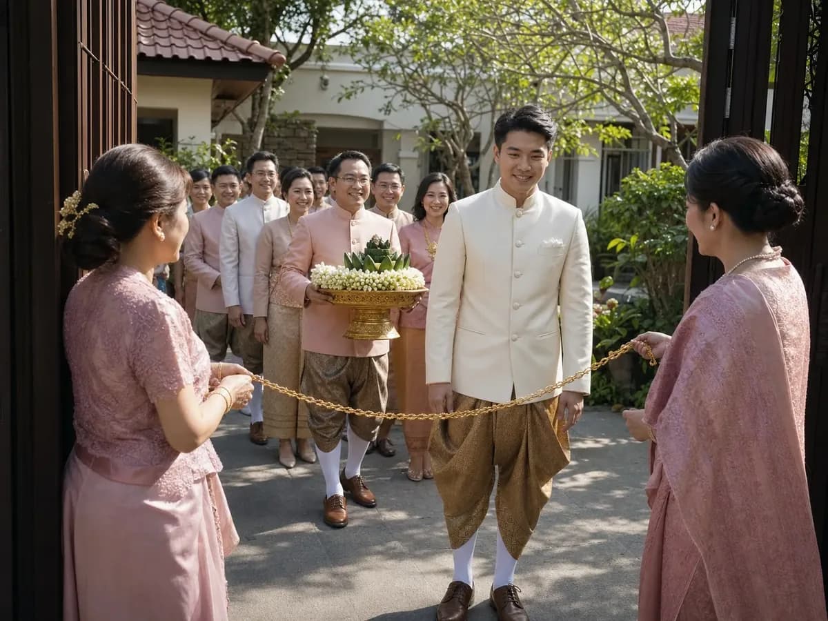 เจ้าบ่าวชุดไทยถือพานถูกญาติฝ่ายหญิงกั้นด้วยสร้อยทองที่หน้าประตูบ้าน