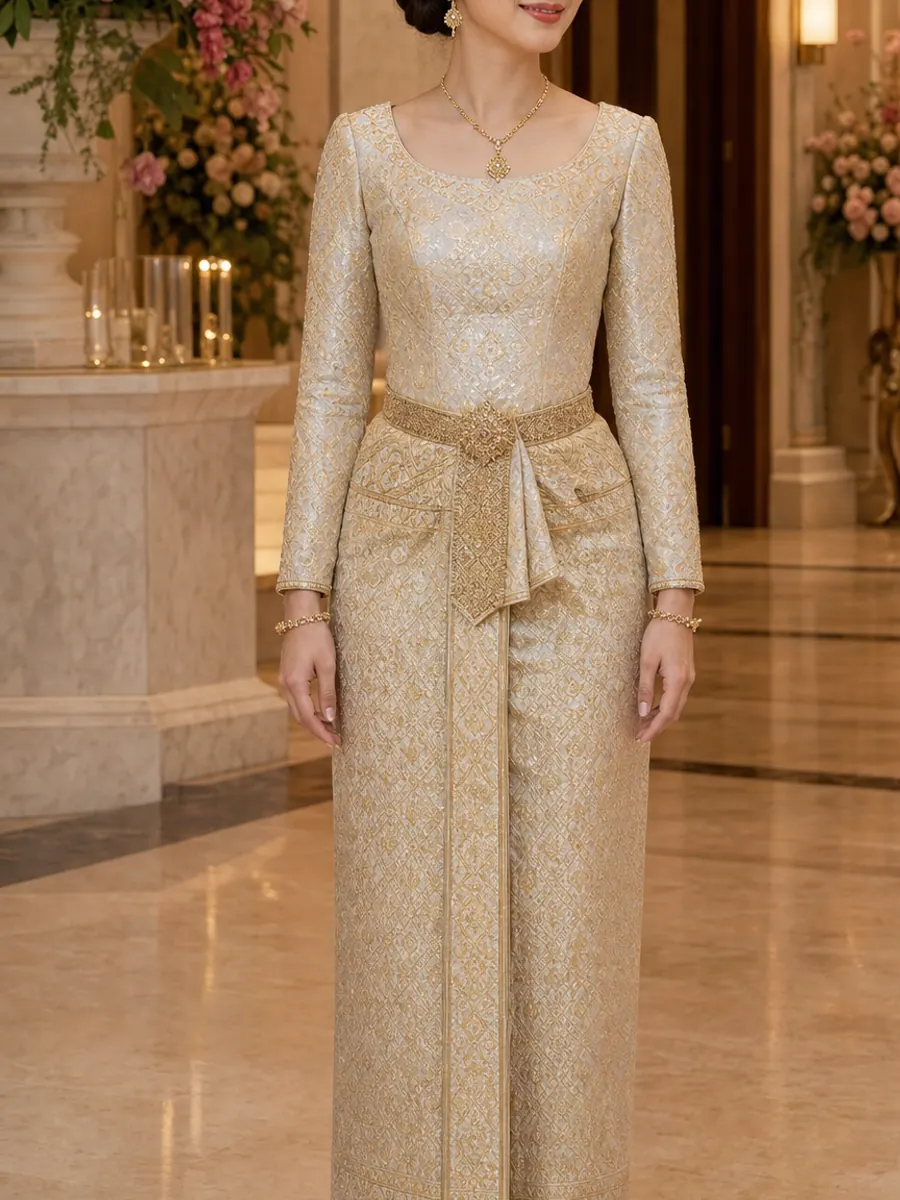 Thai bride in metallic brocade Chut Thai Amarin for an evening reception