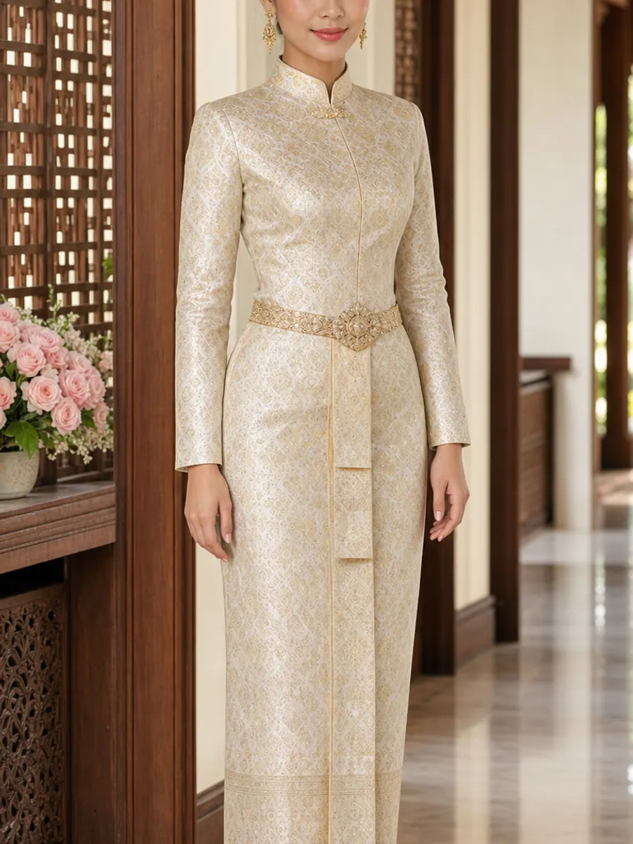 Thai bride in one-piece high-collar long-sleeved Chut Thai Boromphiman