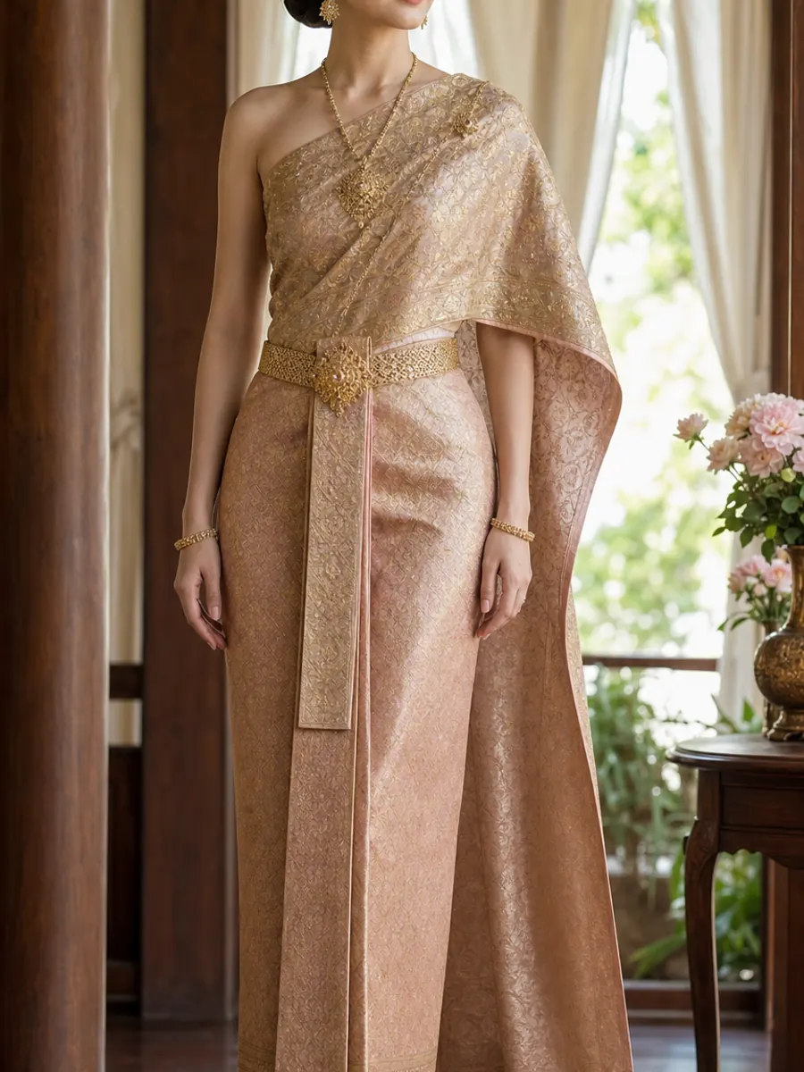 Thai bride in Chut Thai Chakkri with a diagonal sabai and gold brocade sinh
