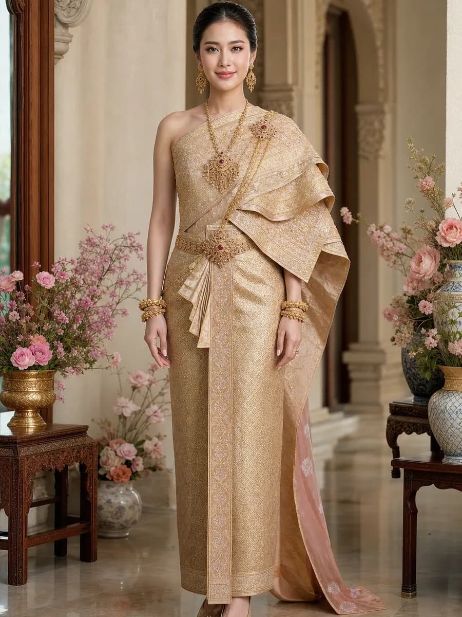 Thai bride in formal Chut Thai Chakraphat with a richly layered sabai