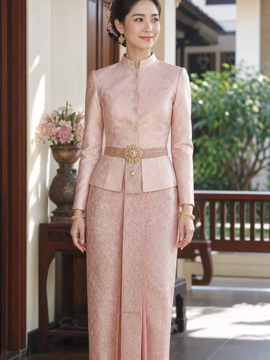 Thai bride in high-collar long-sleeved Chut Thai Chit Lada for a daytime ceremony