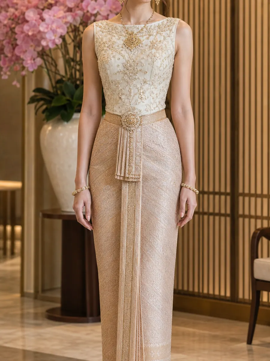Thai bride in sleeveless wide-neck Chut Thai Dusit with detailed embroidery