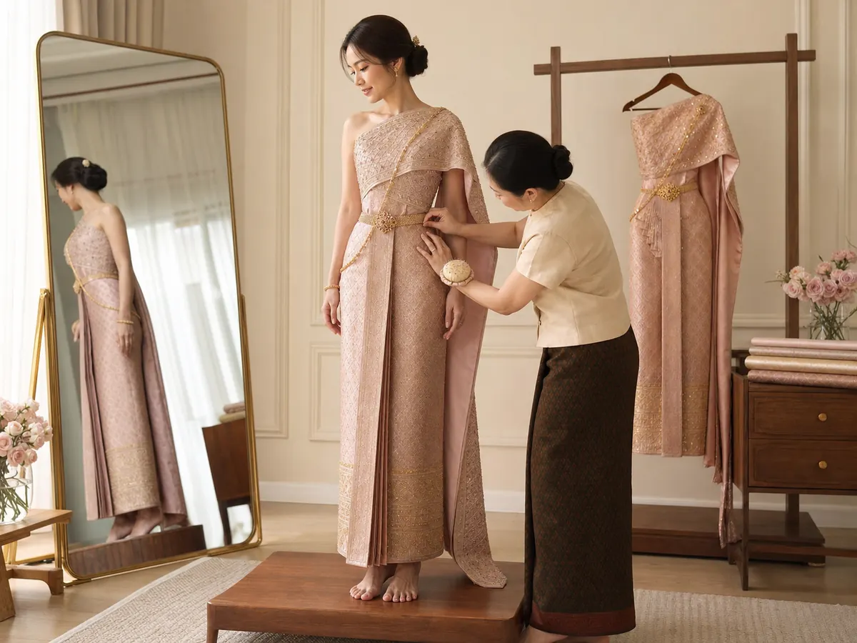 A seamstress adjusts a Thai bridal dress at the waist during an atelier fitting