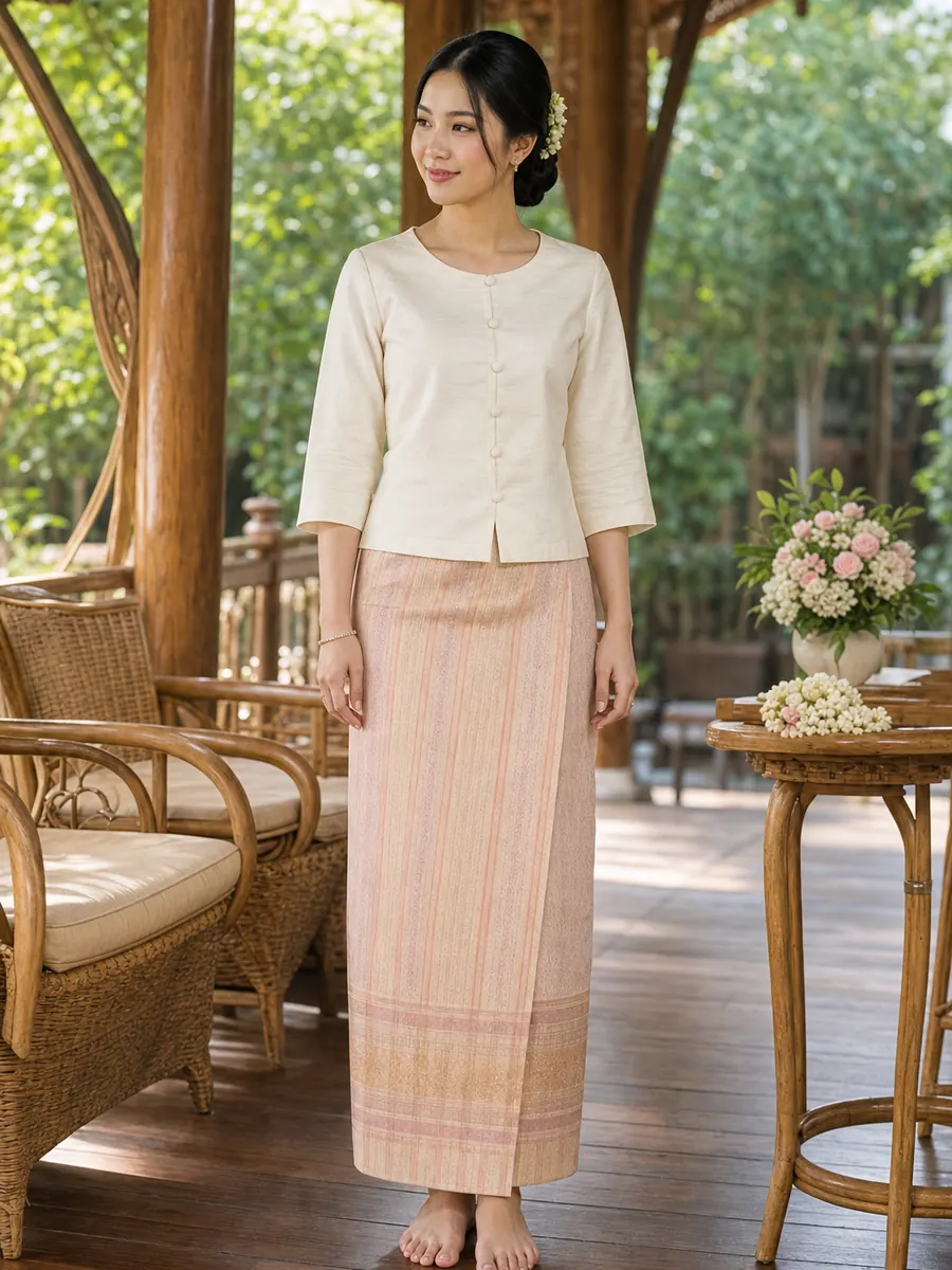 Thai bride in simple three-quarter-sleeve Chut Thai Ruean Ton in a wooden pavilion