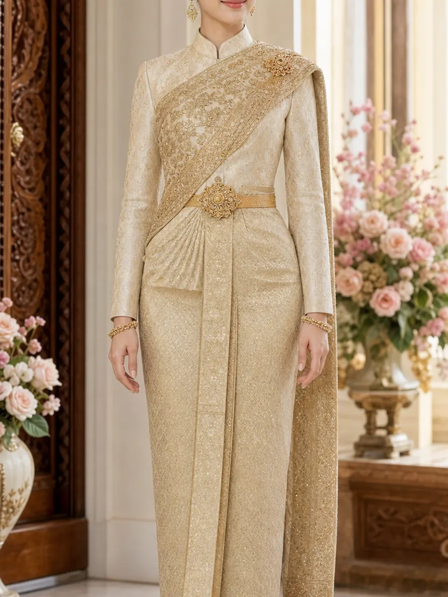 Thai bride in long-sleeved Chut Thai Siwalai with an embroidered sabai