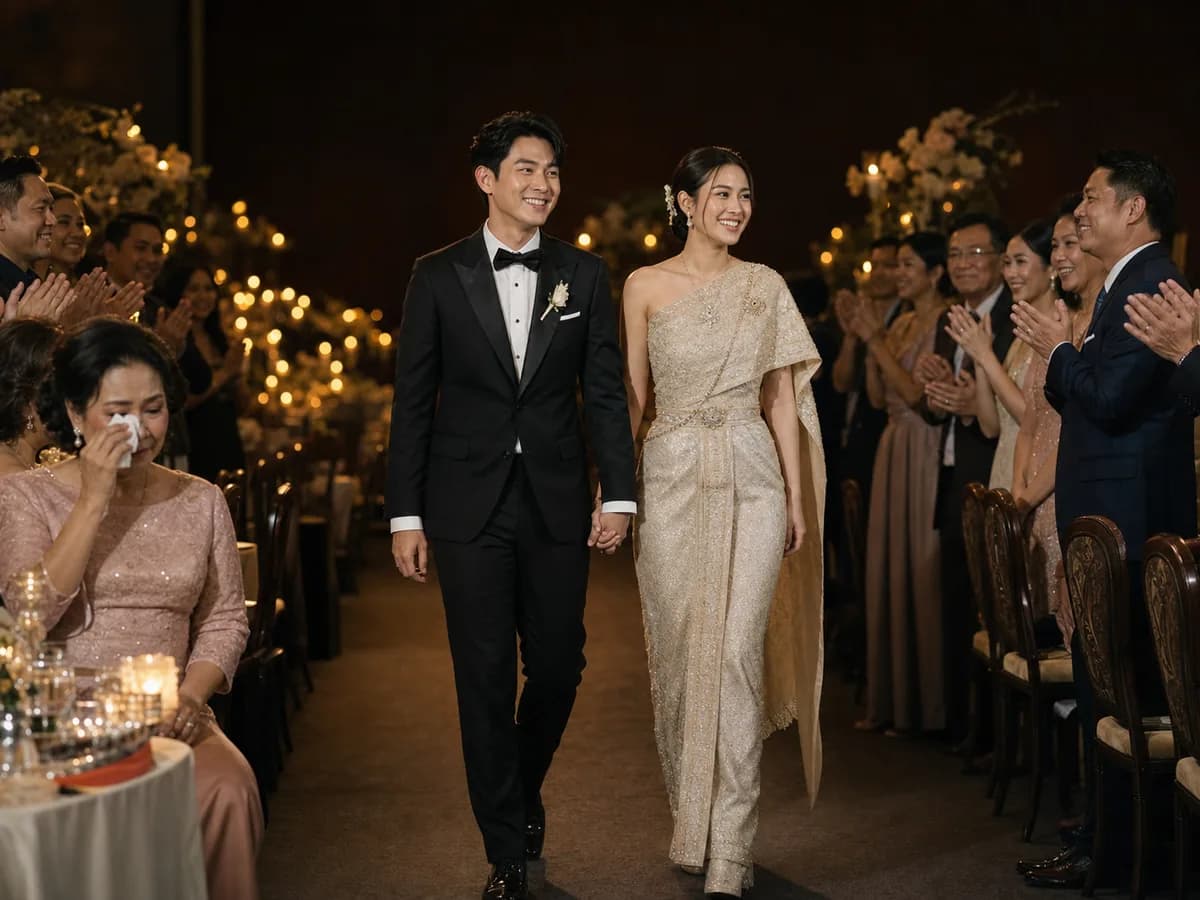 คู่บ่าวสาวเดินเข้างานเลี้ยงระหว่างแขกสองฝั่งที่ยืนปรบมือต้อนรับ