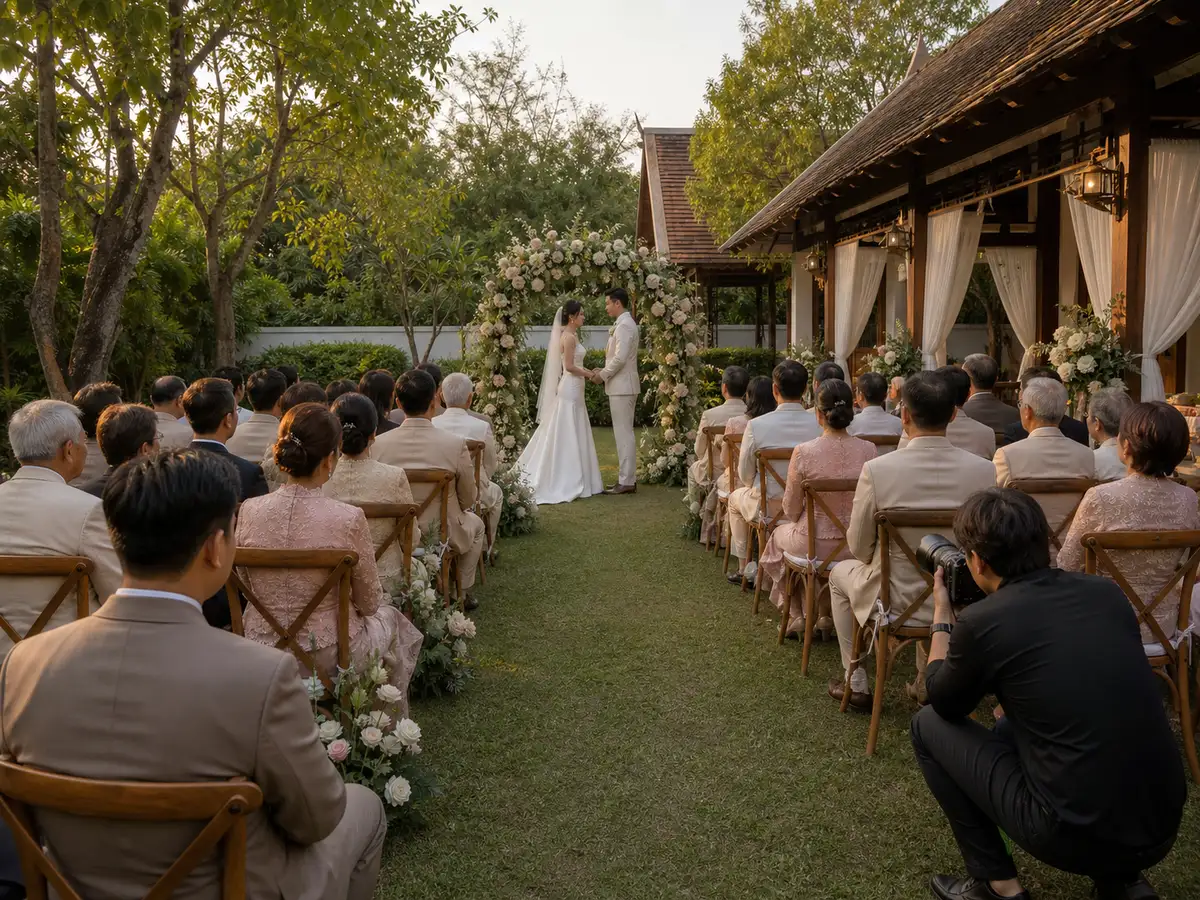 แขกงานแต่งไทยนั่งชมพิธีโดยไม่มีโทรศัพท์บังทางเดิน ขณะที่ช่างภาพทำงานจากริมแถวที่นั่ง