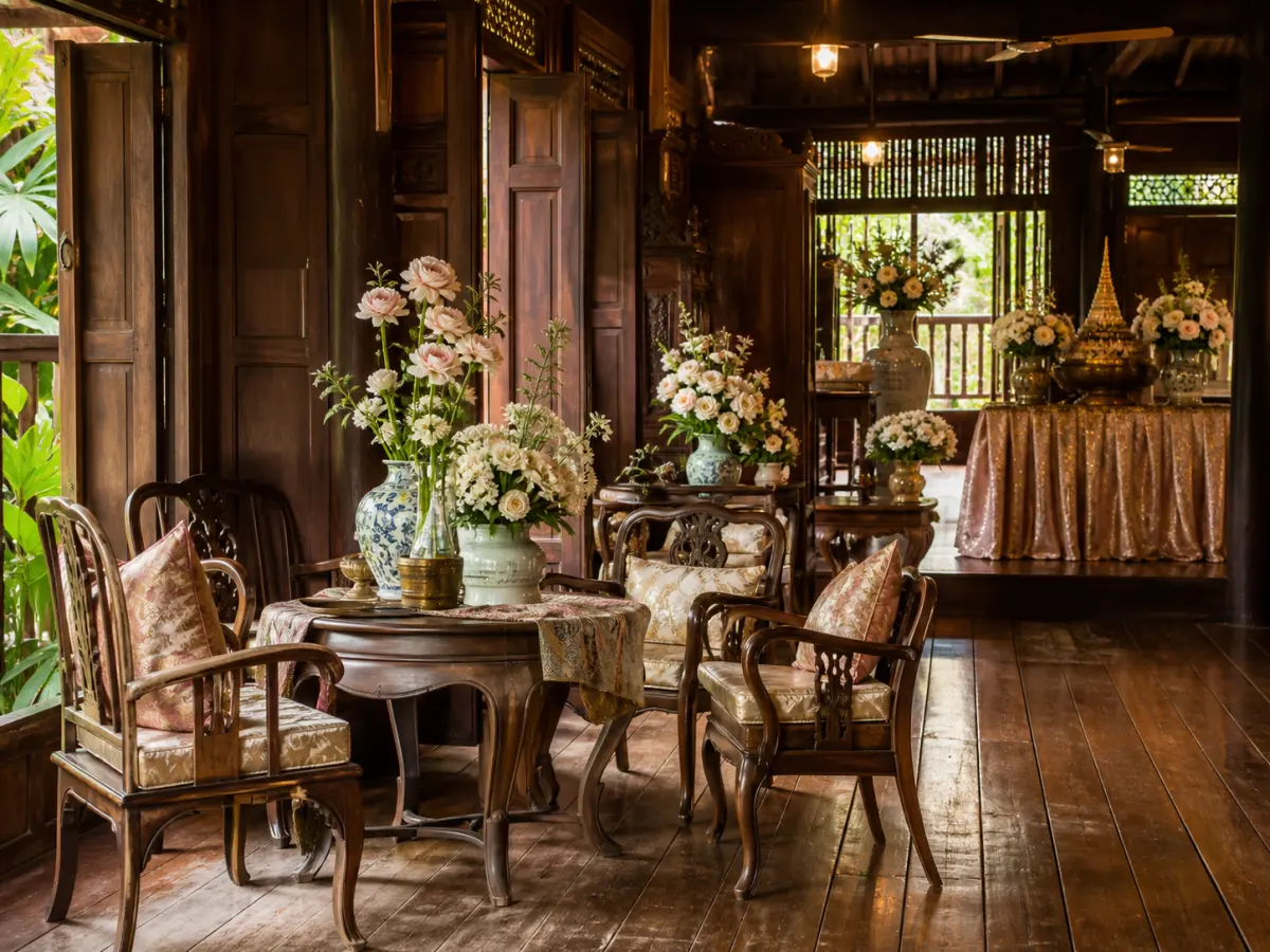มุมรับรองงานแต่งวินเทจในเรือนไทย ตกแต่งด้วยเฟอร์นิเจอร์ไม้ ผ้าไทย แจกันเซรามิก และดอกไม้โทนละมุน