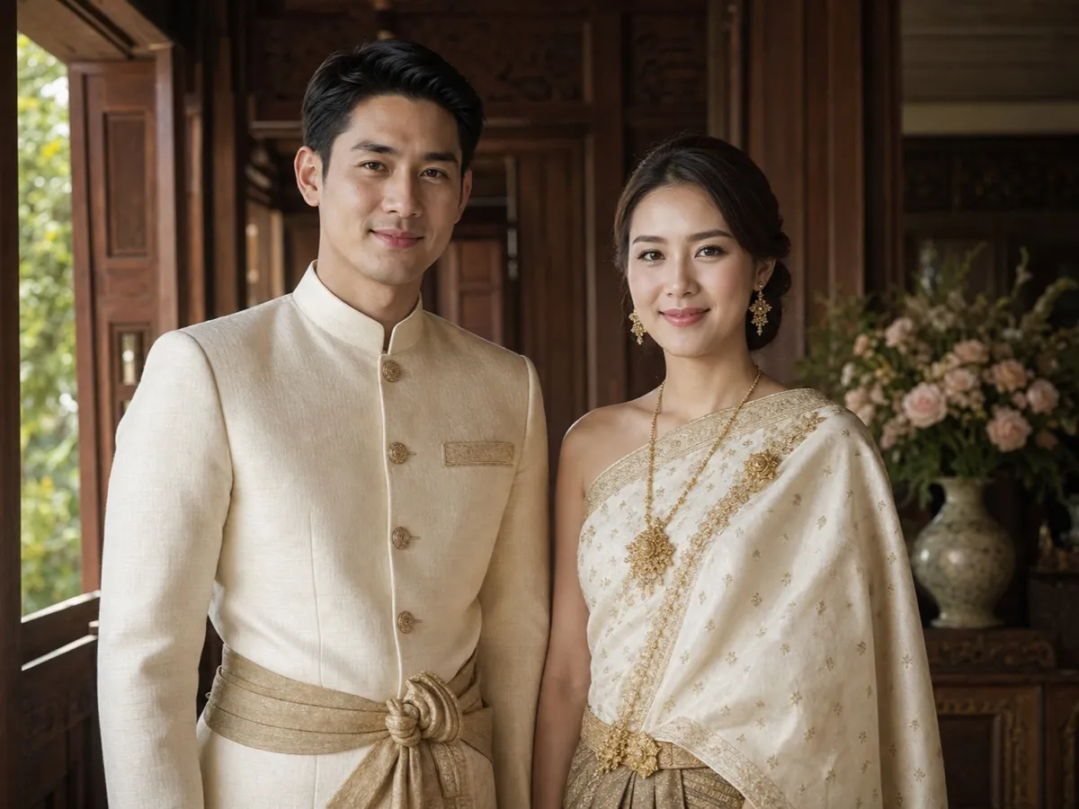 บ่าวสาวในชุดไทยผ้าไหมสีครีมทองยืนคู่กันในเรือนไม้สักหลังเก่า