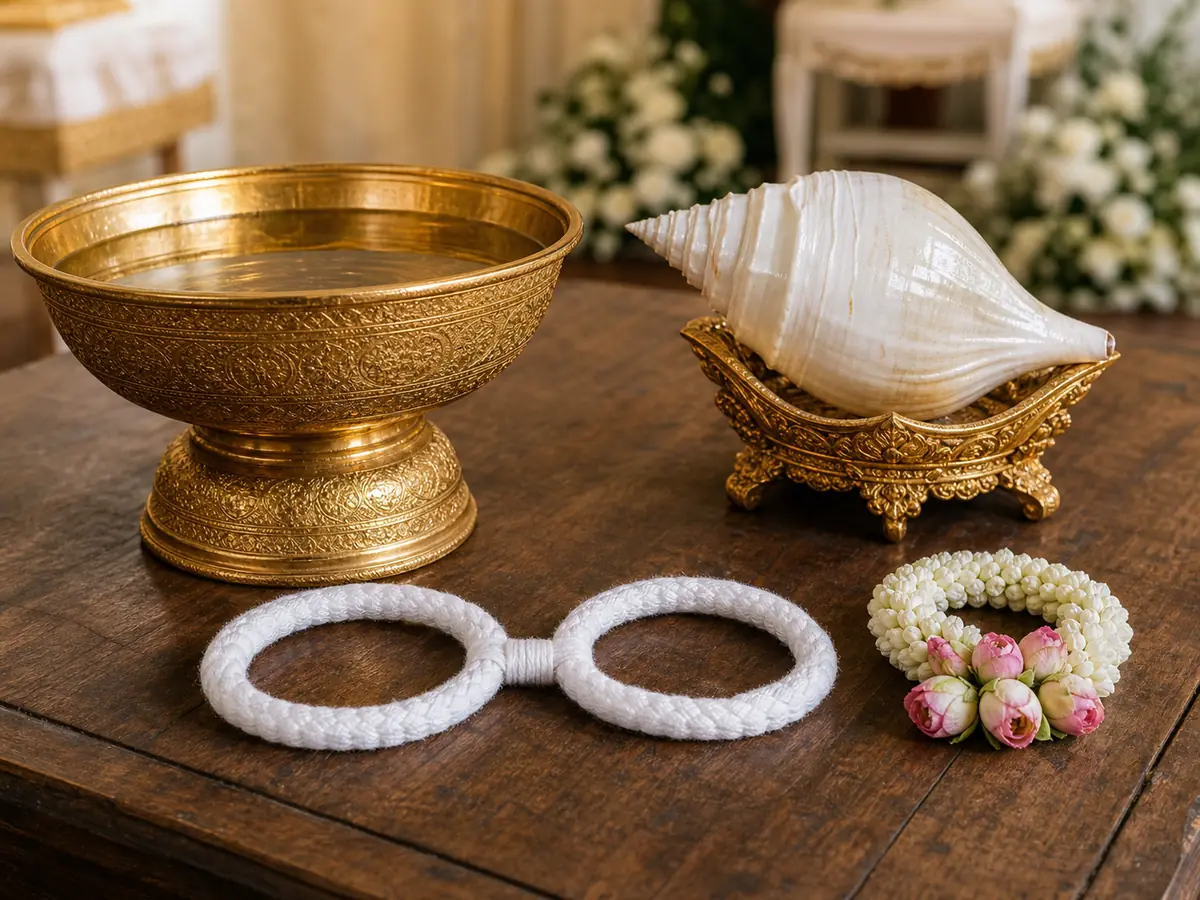 ชุดพิธีรดน้ำสังข์ประกอบด้วยสังข์บนพานทอง พานรองน้ำ และมงคลแฝดกับมาลัยดอกมะลิ